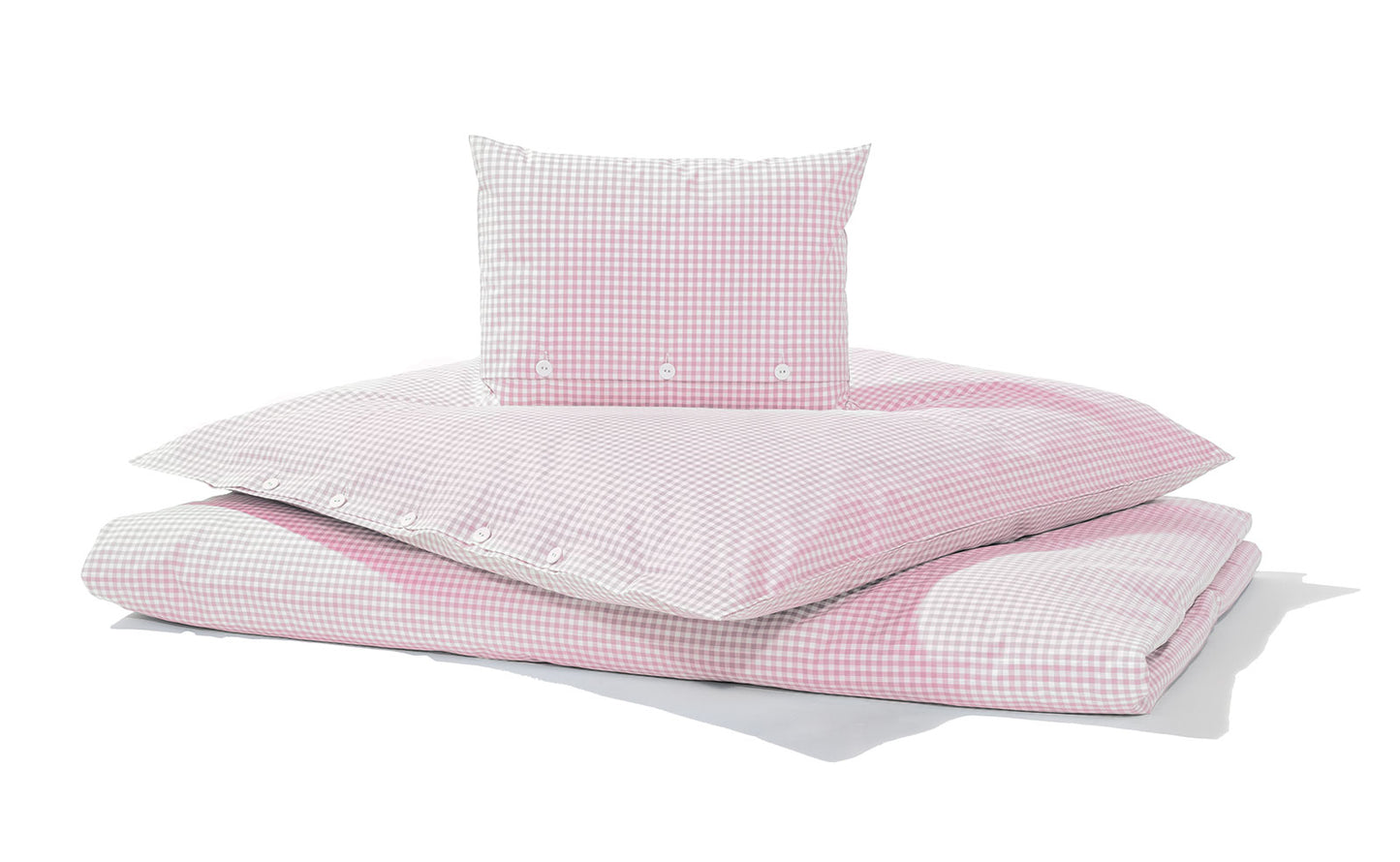 Bettwäsche Babyrosa Vichy Karo: Hochwertige Bettwäsche-Set aus reiner Baumwolle mit klassischem Vichy-Karomuster in zartem Babyrosa und Weiss, inklusive Bettbezug und Kopfkissenbezug mit stoffbezogenen Wäscheknöpfen und traditioneller Stoffkontor-Knopfleiste. Größen: 135x200 cm und 155x220 cm.