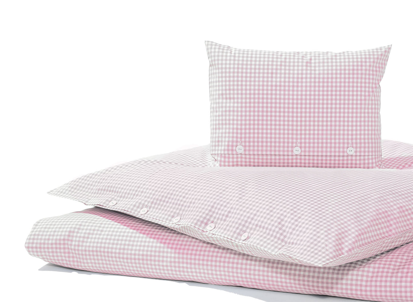 Bettwäsche Babyrosa Vichy Karo - Hochwertige Bettwäsche aus reiner Baumwolle im klassischen Vichy-Karomuster in zartem Babyrosa und Weiss. Set mit Bettbezug und Kopfkissen, ausgestattet mit eleganten Stoffknöpfen und traditioneller Knopfleiste.