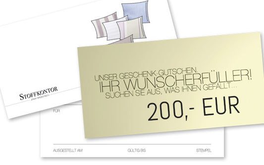Hochwertiger Stoffkontor-Geschenkgutschein über 200 EUR, elegant gestaltet mit Wunscherfüller-Schriftzug auf hellgelbem Grund, dekoriert mit stilisierten Stoffkissen, perfekt für Stoffliebhaber - Gutscheine, Hersteller: Stoffkontor