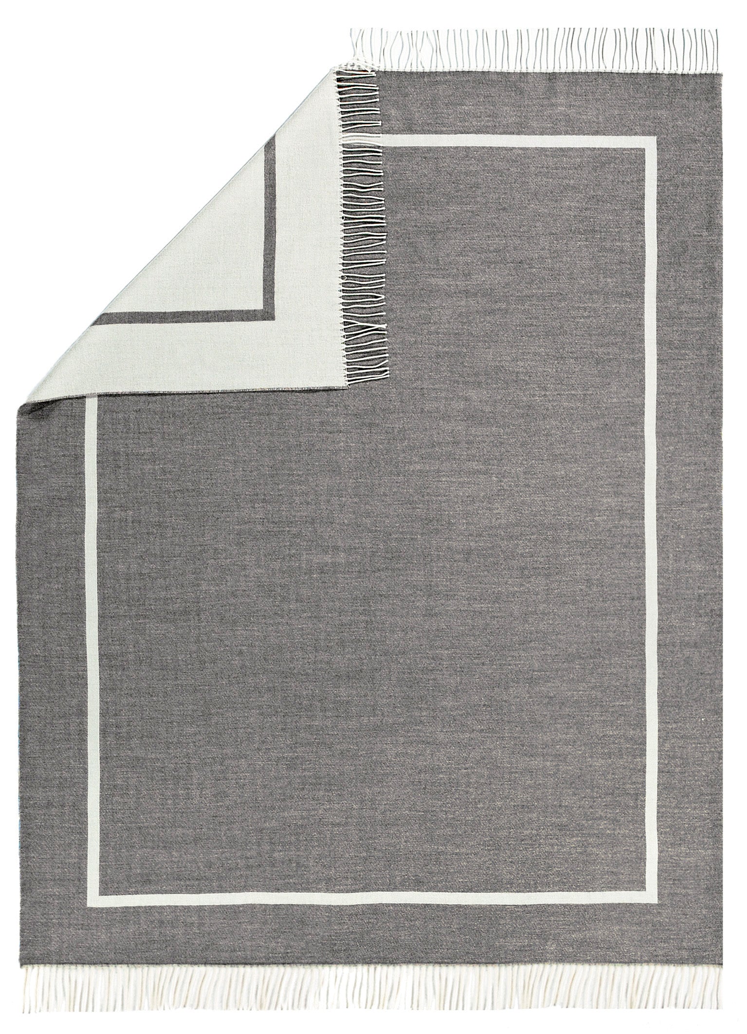 Luxuriose FRANZ BARTH Kaschmir-Wolldecke Sylt in elegantem Grau mit weissem Rahmendesign. Hochwertige Kaschmirdecke aus bayerischer Manufaktur mit klassischen Fransen. 135x215 cm, perfekt fur gemutliche Momente. Wolldecken, Hersteller: Franz Barth